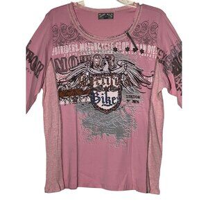 Vanilla Sugar Top 1X Pink Motorcycle  Sequin Ribbed 3/4 Sleeve Y2K Chic USA